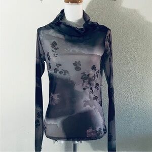 LILITH Purple and Gray Sheer Abstract Floral Top Long Sleeves